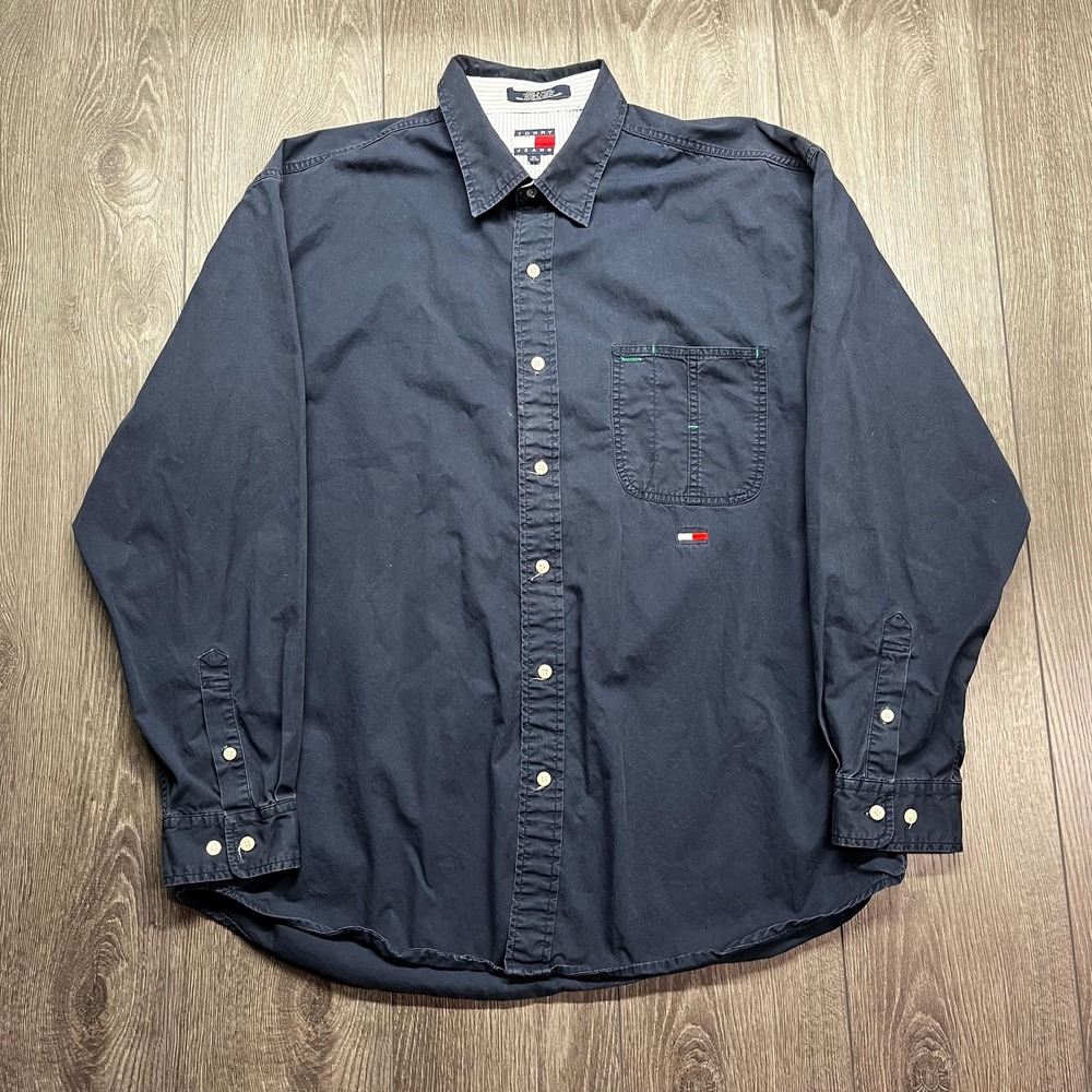 Vintage Tommy Hilfiger Solid Blue Navy Button Up Shirt Preppy XL Flag - Picture 1 of 9